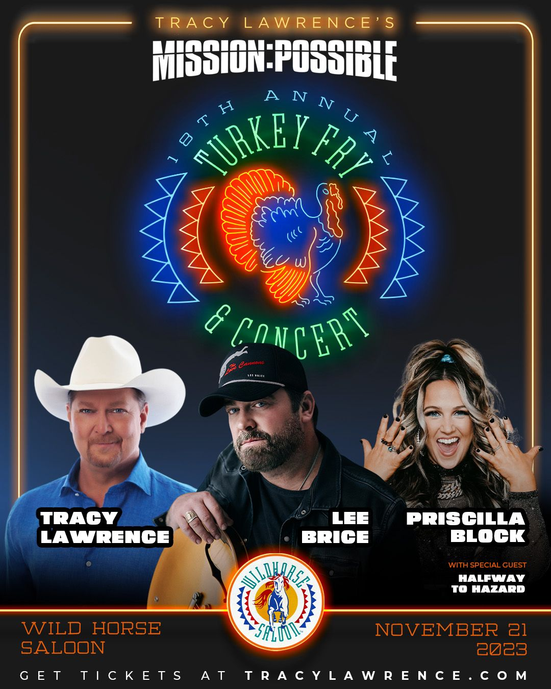 TRACY LAWRENCE ANNOUNCES 18TH ANNUAL MISSION:POSSIBLE TURKEY FRY AND BENEFIT CONCERT WITH LEE BRICE, PRISCILLA BLOCK AND HALFWAY TO HAZARD ON NOV. 21